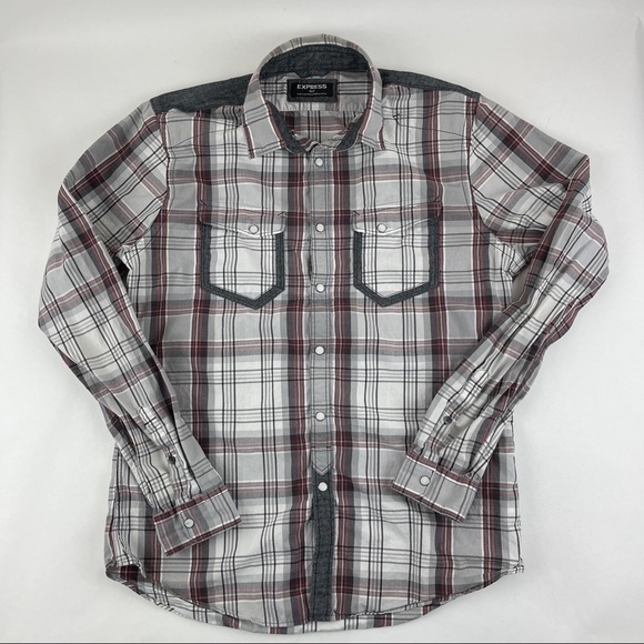 Express Pearl Snap Shirt Mens Medium Gray Plaid Pockets Long Sleeve - Picture 1 of 9